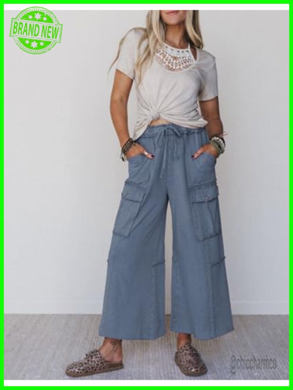Wide Leg Acid Wash Sweatpants High Rise Baggy Cargo Drawstring Elastic Waist - Picture 6 of 6